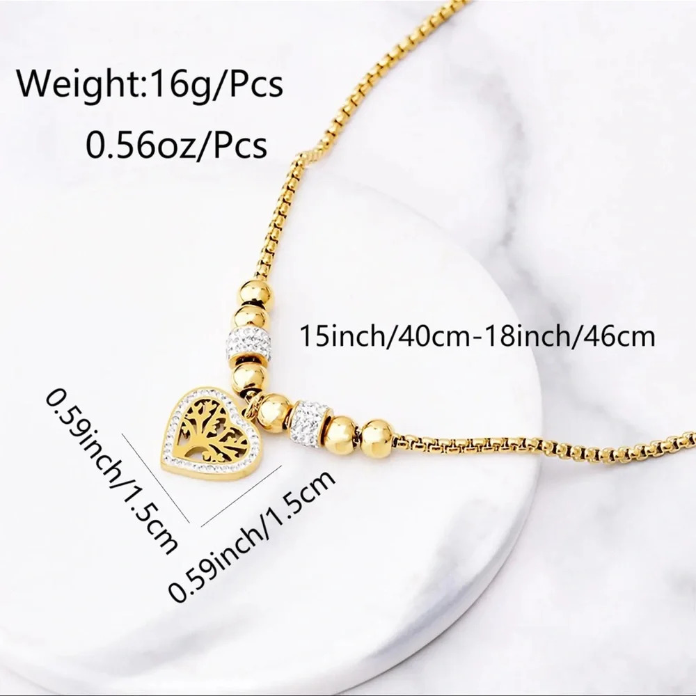 18K Gold Plated Tree of Life Heart Necklace Zircon Titanium Steel - Picture 4 of 6
